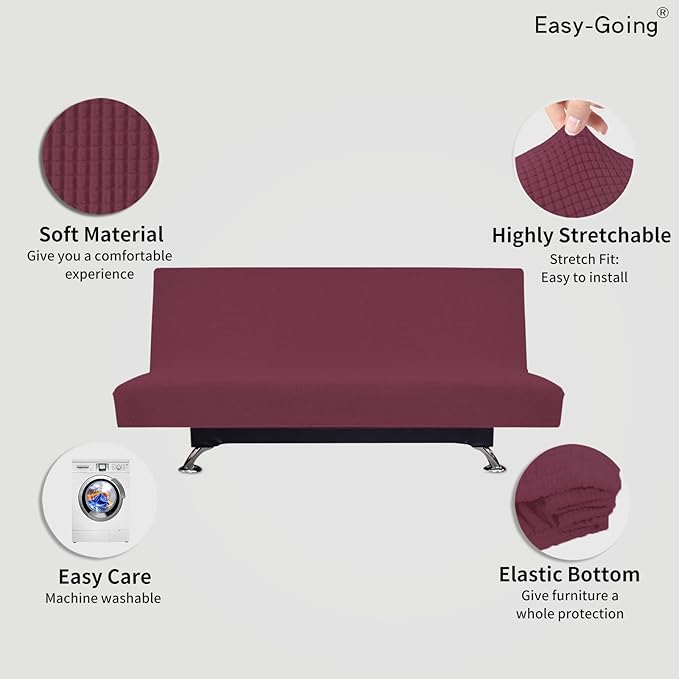Easy-Going Stretch Futon Slipcover Armless Futon Bed Cover Furniture Protector Without Armrests with Elastic Bottom for Kids, Soft Jacquard Fabric Small Checks (Large, ASH Rose)