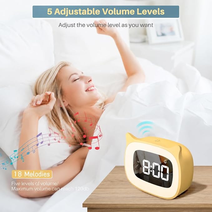 Cute Cat Ear Alarm Clock with Night Light for Bedroom,Yellow - Image 4