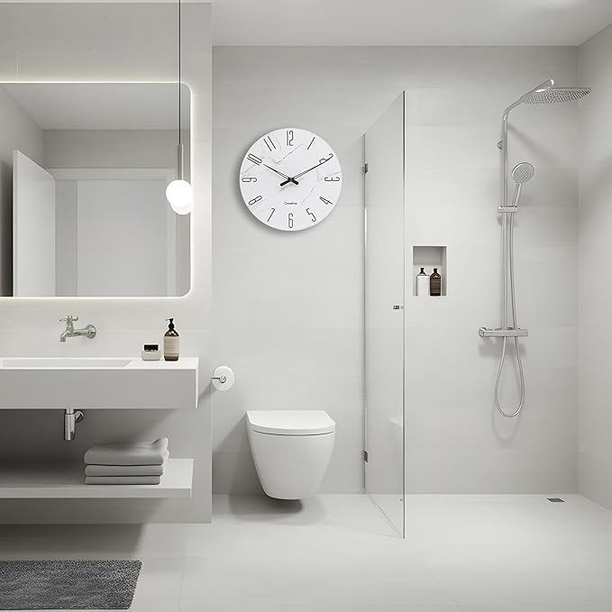Glass Wall Clock White Marble Theme - 14" Battery Operated Silent Non-Ticking Quartz Modern Farmhouse Decor Round Clock for Home, Bathroom, Kitchen