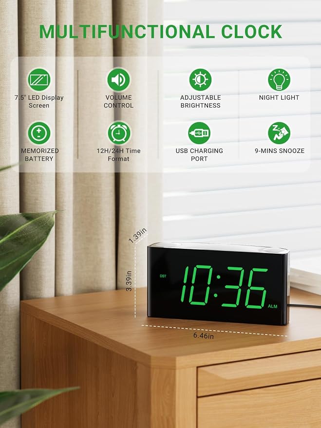 Alarm Clock for Bedroom, 7.5" Large Display LED Digital Clock with 7 Color Night Light,USB Phone Charger,Dimmer,Battery Backup,Easy to Set Loud Bedside Clock for Heavy Sleepers Adult Teen Kid Boy Girl - Image 2