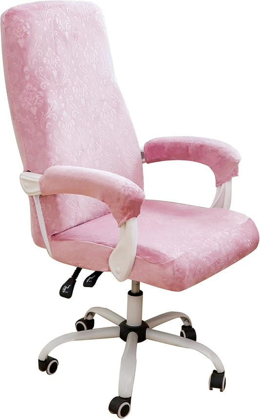 FORCHEER Office Chair Cover with Armrest Cover Pink Velvet Stretch Computer Chair Covers with Arm Reat Slipcovers Large Washable