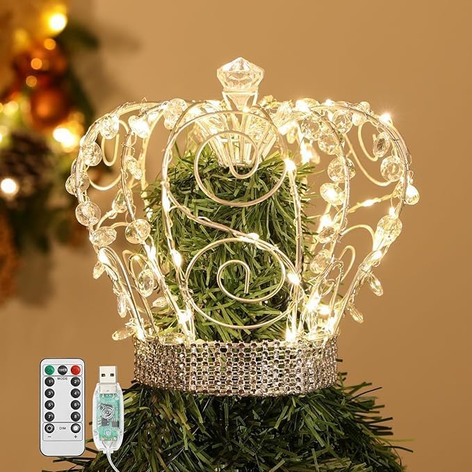 Lewondr Jeweled Crystal Crown Christmas Tree Topper with 50 Warm LED Lights by Lewondr