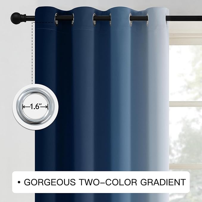 COSVIYA Blackout Curtains & Drapes Ombre Navy Curtains 90 inches Long 2 Panels, Room Darkening Light Blocking Grommet Gradient Insulated Thermal Window Curtains for Bedroom/Living Room,52x90 inches