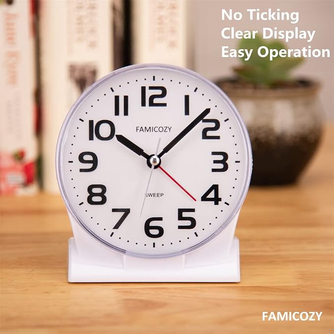 FAMICOZY 4.5" No Ticking Analog Alarm Clock,Silent Readable for Seniors,Easy to Set,Gradual Rise Alarm,Big Numbers,On/Off Switch on Side,Gentle Wake,Snooze Soft Backlight,Battery Operated,White - Image 2