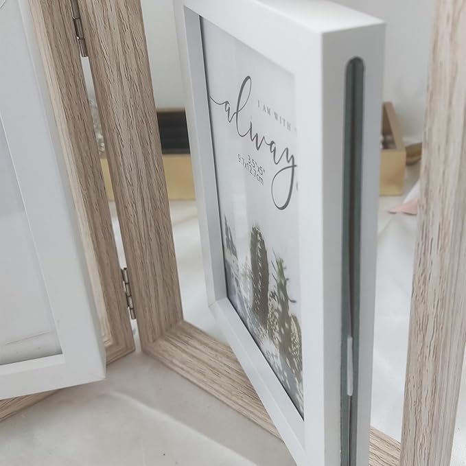 Wooden Hinged Double floating rotating Picture Frame for Photos, 4 * 6 5 * 7 vertical photo Natural Finish (wood color, 5 * 7in)