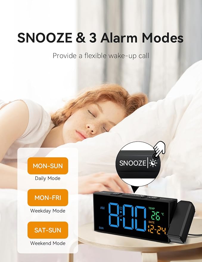 Netzu Projection Clock for Bedroom Ceiling, Digital Clocks with 180° Rotatable Projector, Date Temperature and Weekday Blue - Image 5