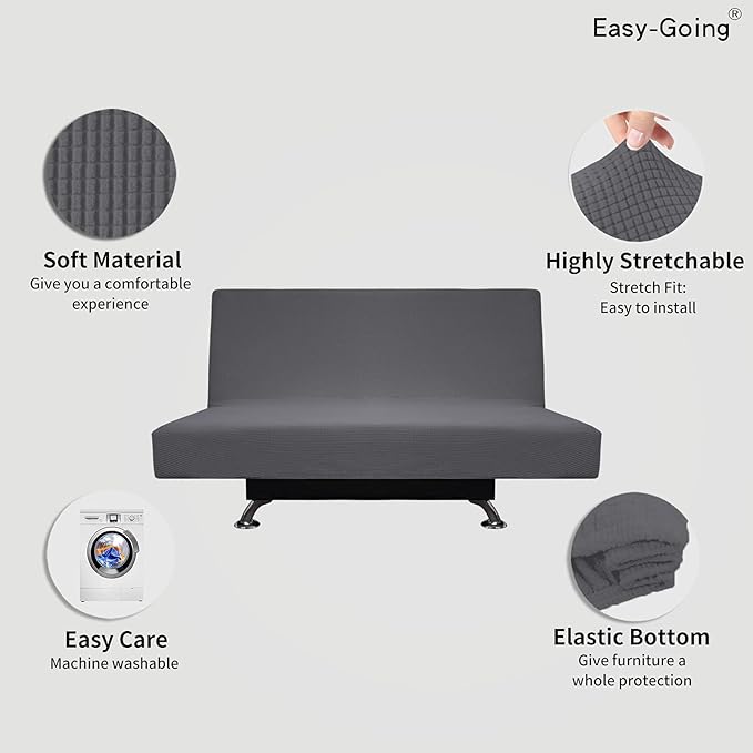 Easy-Going Stretch Futon Slipcover Armless Futon Bed Cover Furniture Protector Without Armrests with Elastic Bottom for Kids, Soft Jacquard Fabric Small Checks (Medium, Grey)