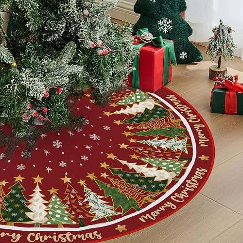 Merry Christmas Pine Stars Red Tree Skirt 48 Inches - Image 6
