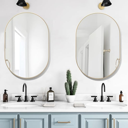 Oval Bathroom Mirror Capsule Wall Vanity Mirror, 2 Pieces 20"x30" Pill Mirrors Wall Mounted Mirror, Large Modern Mirror with Gold Metal Frame, Decor for Entryway, Bedroom, Living Room