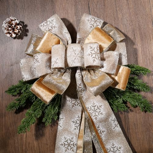 LaRibbons Large Gold Christmas Tree Topper Bow, 12"x45" Glitter Snowflake Ribbon Bow for Christmas Tree Decoration, Elegant Holiday Tree Ornament, Xmas Indoor Outdoor Decor - Image 3