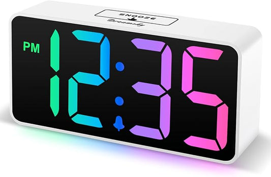 DreamSky Small Digital Alarm Clock for Bederoom, RGB Large Big Numbers Display with Dimmer for Living Room, Electric Bedside Desk Clock with USB Charging Port, Adjustable Volume, USB-C Adapter Powered