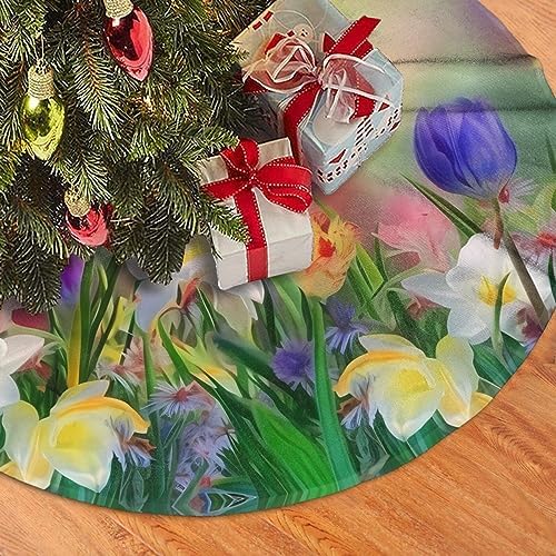 Summer Colorful Flowers Tree Skirts Xmas Ornaments, Spring Floral Tree Mat for Christmas Party Holiday All Occasions 48" - Image 3