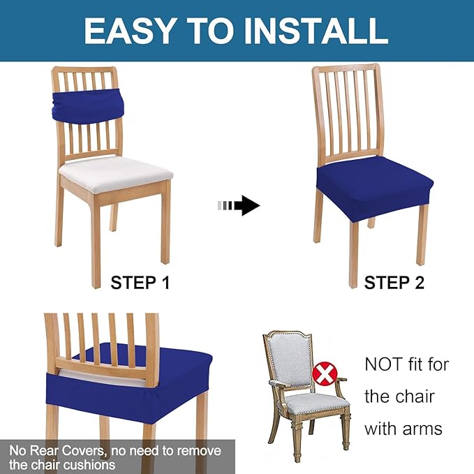 Smiry Waterproof Seat Covers for Dining Room Chairs Set of 6, Stretch Jacquard Removable Washable Chair Seat Slipcovers Protector, No Rear Covers, Royal Blue
