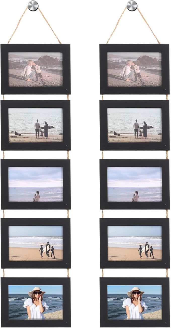 2 Pcs 4x6 Wall Hanging Picture Frames Collage with 10 Openings Picture Frame Collage With Rope - Rustic Black, Casual Style Engineered Wood Frames - Wall Mount Only