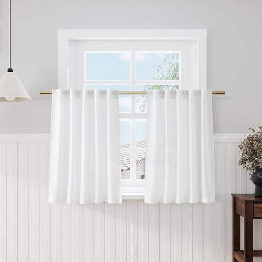 Nanspring White Linen Curtains 40 Inch Length for Kitchen Small Window Semi Sheer Curtain with Back Tab and Rod Pocket Light Filtering Front Door Drapes for Cafe Bedroom 2 Panels Set 34 X 40 Inch