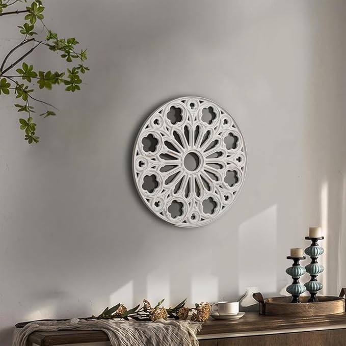 XIAOAIKA Wood Round Decorative Wall Sculpture, Hand-Carved Floral Geometric Design with Distressed White Finish, Vintage Farmhouse Boho Wall Art for Living Room Bedroom Hallway, 16 Inch
