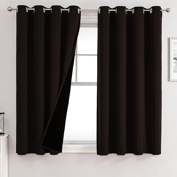 ChrisDowa 100% Blackout Curtains for Bedroom with Black Liner, 2 Thick Layers Total Blackout Thermal Insulated Grommet Window Curtains 2 Panels Set (Brown, 52 x 63 Inch)