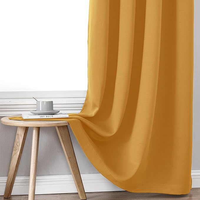 ChrisDowa 100% Blackout Curtains for Bedroom with Black Liner, 2 Thick Layers Total Blackout Thermal Insulated Grommet Window Curtains 2 Panels Set (Mustard Yellow, 42 x 63 Inch)