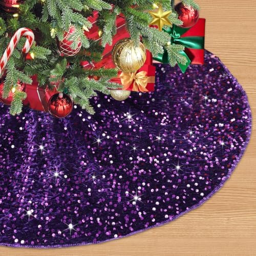 Purple Christmas Tree Skirt Large Sequin Trees Skirt 48 Inch Velvet Tree Skirts Halloween Tree Skirt Collar Merry Christmas Trees Skirt for All Seasons Purple Christmas Decor by PATYDEST
