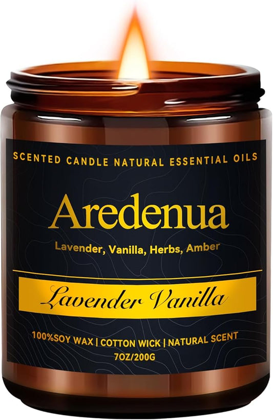 Lavender Vanilla Soy Candle for Relaxation & Sleep, Calming Scented Candle for Stress Relief, Bedroom & Self Care Gift - 7oz Hand Poured Candles Long Lasting Scent for Home, Bedroom, Spa