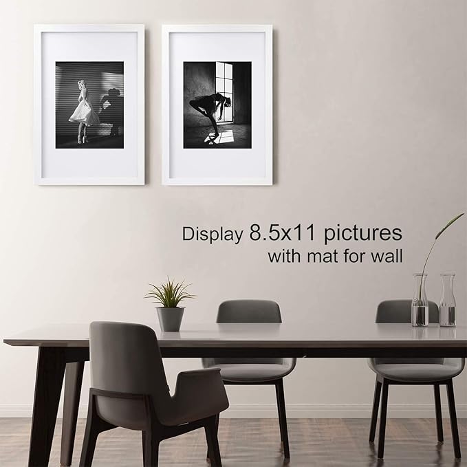 Egofine 12x18 Solid Wood Picture Frames Matted for 8.5x11 - Acrylic Plexiglass Front for Wall Mounting Hanging Picture Frame Vertically or Horizontally, White Set of 2
