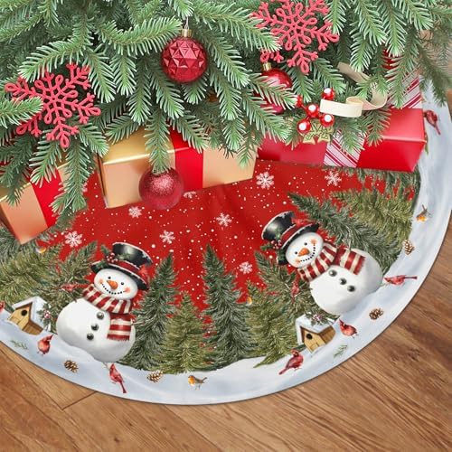 Red Snowman Christmas Tree Skirt 48 Inch Pine Tree Bird Cardinals Xmas Trees Skirts Mat for Winter Holiday Party Indoor Outdoor Decorations by Wnoesat