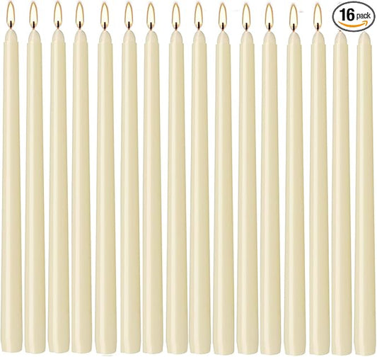 16 Pack Ivory Taper Candles, 7-8 Hours Burn Time, Unscented, Smokeless and Dripless, 4/5 x 10 Inch for Christmas,Household,Dinner,Wedding,Valentine's Day,Party and Home Décor Candlesticks