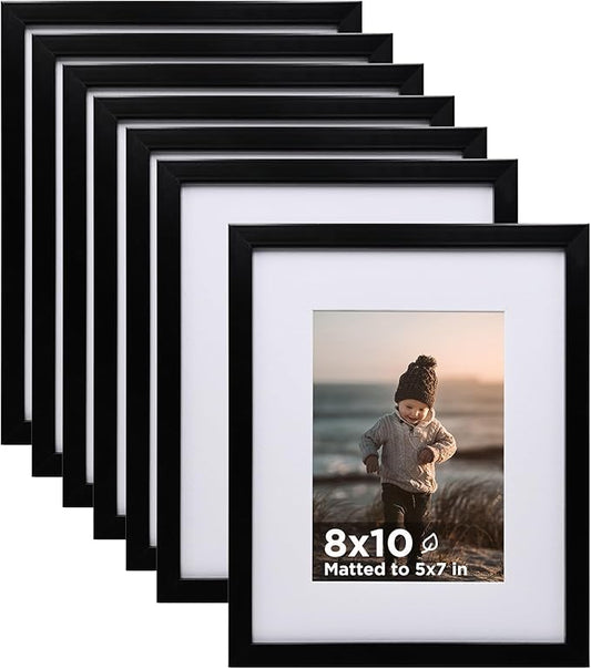 KINLINK 8x10 Picture Frame Black Set of 6, Wooden Photo Frames Matted 5x7 with Plexiglass for 5x7 with Mat or 8x10 without Mat for Table and Wall Display