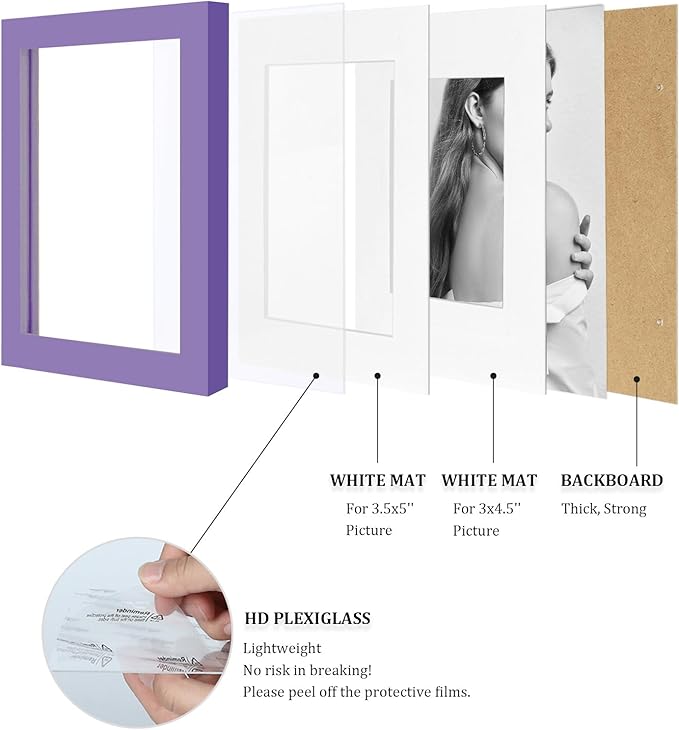 Egofine 4x6 Picture Frames 4PCS Covered by Plexiglass for Picture 3x4.5 and 3.5x5 with Mat or 4x6 whitout Mat Made of Solid Wood for Table Top Display and Wall Mounting Photo Frame, Purple