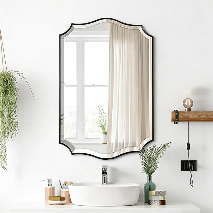 POZINO Scalloped Beveled Mirror, 24"x36" Rectangle Bathroom Vanity Mirror for Over Sink, Modern Aesthetic Wavy Shaped Wall Mirrors for Living Room Bedroom Entryway, Horizontal or Vertical Hanging