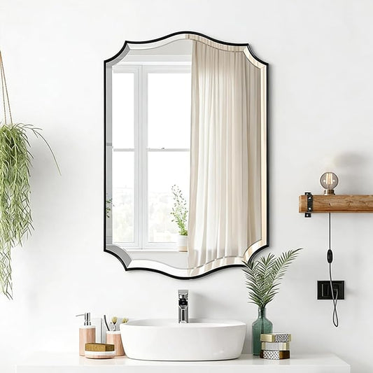 POZINO Scalloped Beveled Mirror, 24"x36" Rectangle Bathroom Vanity Mirror for Over Sink, Modern Aesthetic Wavy Shaped Wall Mirrors for Living Room Bedroom Entryway, Horizontal or Vertical Hanging