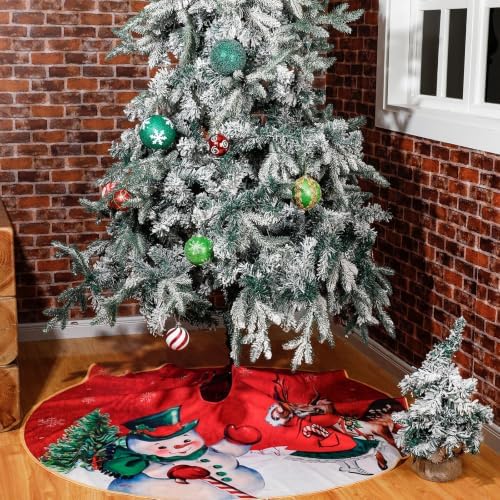 Poen 48 Inch Christmas Tree Skirt Vintage Snowman Red Farmhouse Holiday - Image 4