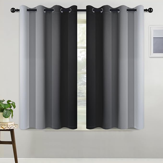 COSVIYA Curtains & Drapes Ombre Black Curtains 45 inch Long 2 Panels Set, Grommet Room Darkening Light Blocking Insulated Thermal Gradient Window Panels for Bedroom/Living Room,52x45 inches