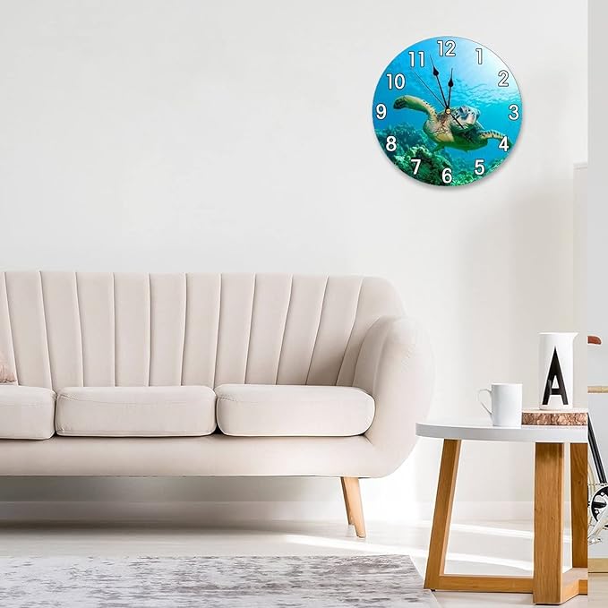 Sea Turtle Wall Clock Battery Operated Silent Non Ticking Round Clock Wall Decor for Home Kitchen Living Room 9.8 Inch