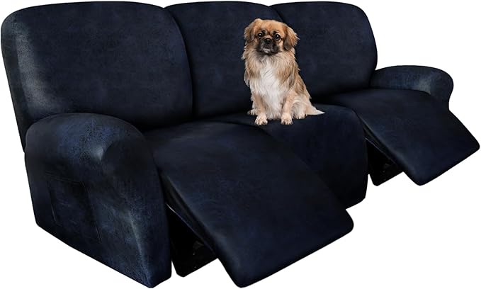 ANARACHON Recliner Couch Cover Leather Look Recliner Sofa Covers for 3 Cushion Reclining Sofa Slipcovers 8-Pieces Furniture Protector Spandex Fabric Washable (3 Seater, 02 Navy)