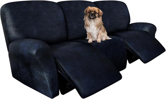 ANARACHON Recliner Couch Cover Leather Look Recliner Sofa Covers for 3 Cushion Reclining Sofa Slipcovers 8-Pieces Furniture Protector Spandex Fabric Washable (3 Seater, 02 Navy)