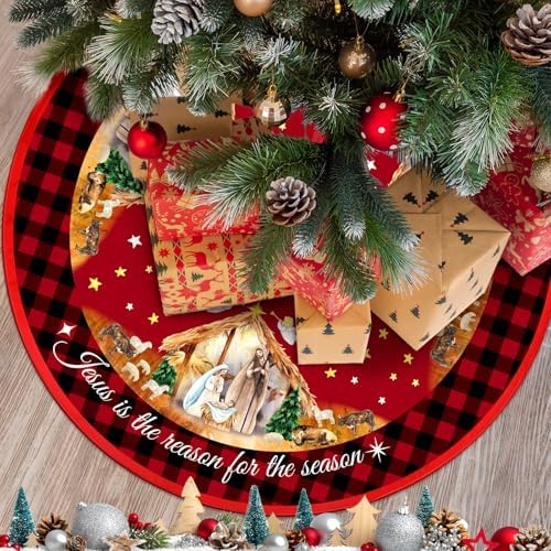 Lunmon Christmas Nativity Scene Tree Skirt 48 Inches Retro Jesus Christmas Tree Mat Decoration Buffalo Plaid Farmhouse Christian Winter Tree Skirt for Indoor Outdoor Xmas Holiday Party Decorations by Lunmon