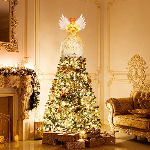 PEEKI Christmas Tree Topper, 12" Angel Treetop with Lights and Remote Control Timer, Christmas Tree Decoration for Holiday Ornament and Home Decor, Ivory and Gold - Image 2