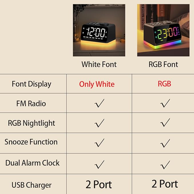 JALL Digital Alarm Clock with FM Radio for Bedroom, 8 Colors Night Light with Charging Port, Sleep Sound Machines with Timer, Dual Alarm (Black with RGB Font) - Image 2