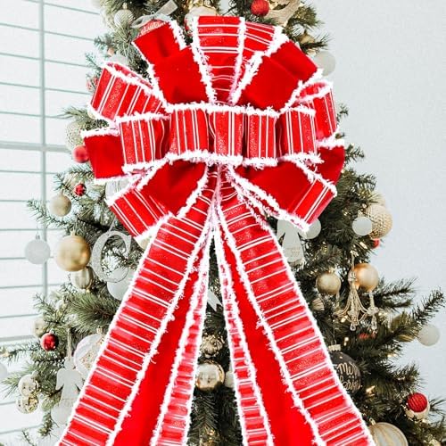Christmas Tree Topper Wreath Bow Large Red Christmas Bow Tree Topper, Burlap with White Polyester Edge Gift Bows for Xmas Ornament Holiday Home Thanksgiving Indoor/Outdoor Decor 45x13 Inches - Image 4