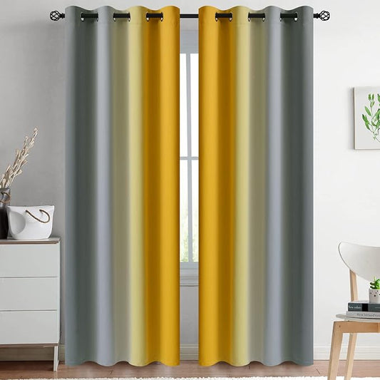 Yakamok Ombre Yellow and Grey Curtains for Bedroom, Gradient Room Darkening Curtains 84 inches long,Grommet Thermal Insulated Light Blocking Window Drapes/Curtain for Living Room,52 x 84 Inch,2 Panels