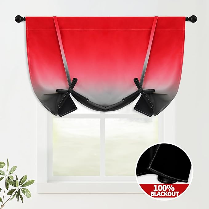 COSVIYA 100% Blackout Red and Black Adjustable Tie Up Curtains for Kitchen Thermal Insulated Room Darkening Valance Rod Pocket Balloon Roman Shade for Small Window,48" L x 42" W, 1 Panel