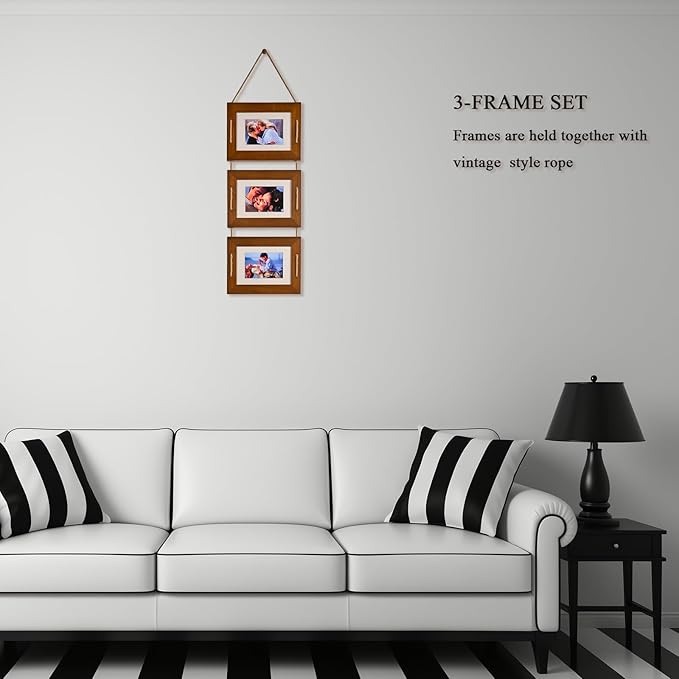 DLQuarts 5x7 Hanging Picture Frames Collage Wall Decor, 3 Opening 5x7 Matted to 3.5x5 Photo Rustic Wood Frame, Dark Walnut