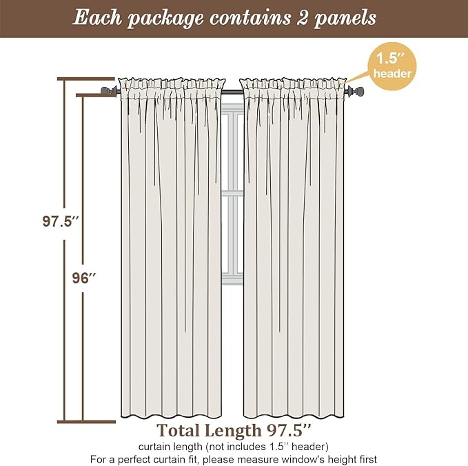 Chyhomenyc Orange Curtains 96 Inch Length 2 Panels, Faux Linen Textured Semi Sheer Airy Light Filtering Soft Privacy Farmhouse Curtain Drapes for Living Room Bedroom, 40Wx96L Inch, Set of 2