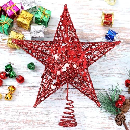 URATOT Glittered Christmas Tree Topper Metal Christmas Treetop Hallow Wire Star Topper for Christmas Home Decoration (8 inches, Red) - Image 4