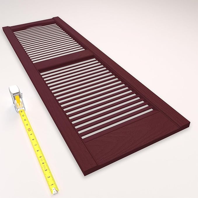 12"W x 80"H Lifetime Vinyl, Standard Cathedral Top Center Mullion, Open Louver Shutters, w/Installation Shutter-Lok's & Matching Screws (Per Pair), Wineberry