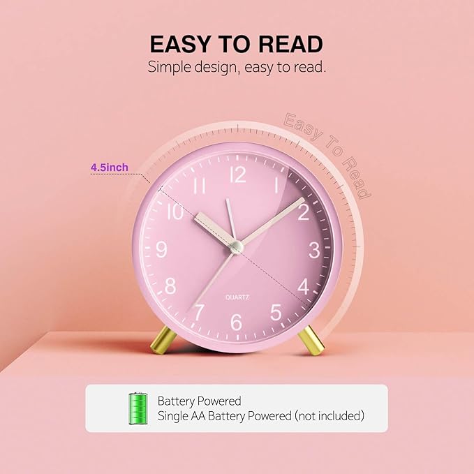 Analog Alarm Clock for Girls, Super Silent Non Tick with Night Light, Battery Operated,Bedroom Clock for Mom,Fashionable Round Metal Alarm Clock for Office, Elderly,Adults,Children School Gift