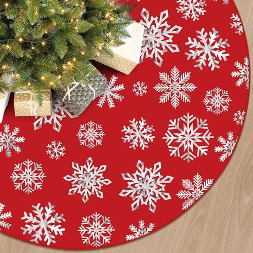 48 Inch Christmas Snowflake Tree Skirt Silver Snowflake Red Christmas Tree Skirt Large Red Round Xmas Trees Mat with Silver Snowflakes for Winter Holiday New Year Party Xmas Trees Home Decor by peonyman