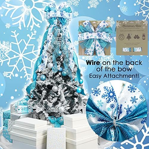 MEEDEE Blue Christmas Tree Topper 12" Wide Glitter Christmas Bows Snowflake Ribbon Bow Blue Tree Topper Bows for Christmas Tree Decorations (1 Pack) - Image 4