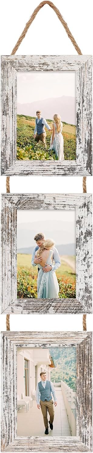 Lavezee 4x6 Picture Frames Collage Distressed White, 3 Opening 4 x 6 Hanging Picture Frames Vertical for 4 by 6 Inch Photos for Wall